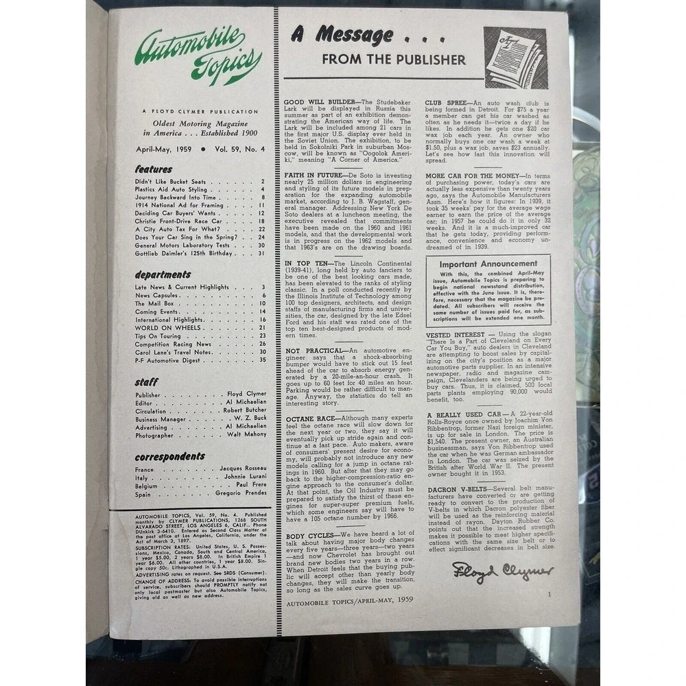 Floyd Clymer's Automobile Topics Chrysler Saratoga Peter De Palo‎ April May 1959